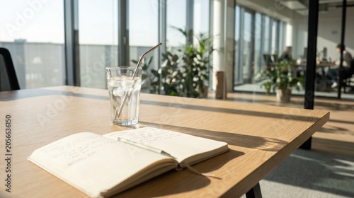 Chilled Water Glass With Journal On White Desk In Contemporary Office