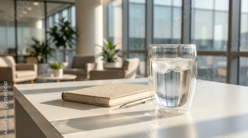 Chilled Water Glass With Journal On White Desk In Contemporary Office