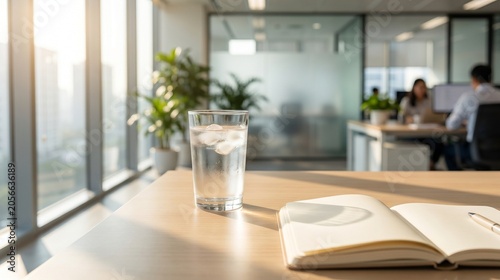 Chilled Water Glass With Journal On White Desk In Contemporary Office