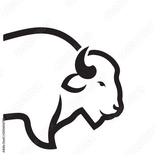 Bison head vector icon with minimalist black line art profile of an American buffalo for branding and logo design