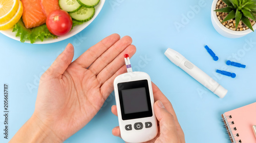 Blood glucose monitor, diabetes and hands with glucometer for health management, sugar level test and medical care. Patient, healthy diet and food with nutrition, lifestyle and chronic illness