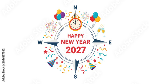 Obraz na płótnie New Year Compass 2027: A vibrant illustration symbolizing the arrival of the New Year 2027, featuring a compass rose with cardinal directions, a clock face, balloons, party hats, confetti