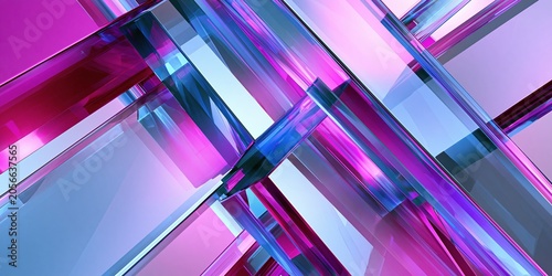 Abstract neon geometric tunnel with reflections and glowing lines