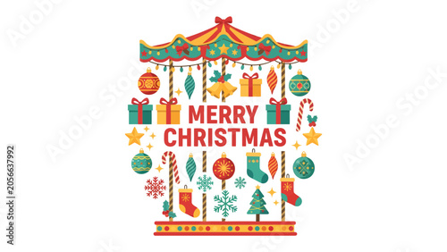 Christmas Carousel of Joy: A vibrant carousel adorned with festive Christmas decorations, including ornaments, stockings, candy canes, and gifts, surrounds the joyful greeting Merry Christmas.