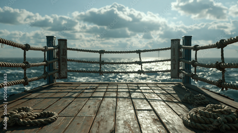 Obraz premium Silhouette , low angle shot , a wooden boxing stage in the middle of blue ocean , action image.