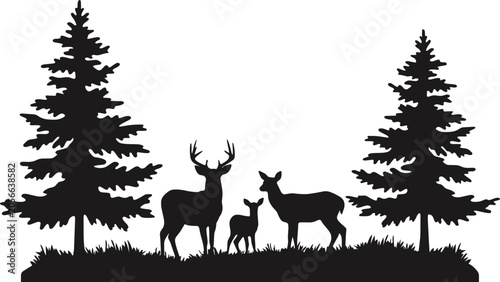 Valokuva Deer family silhouette with pine trees and grass on white background Keywords: d