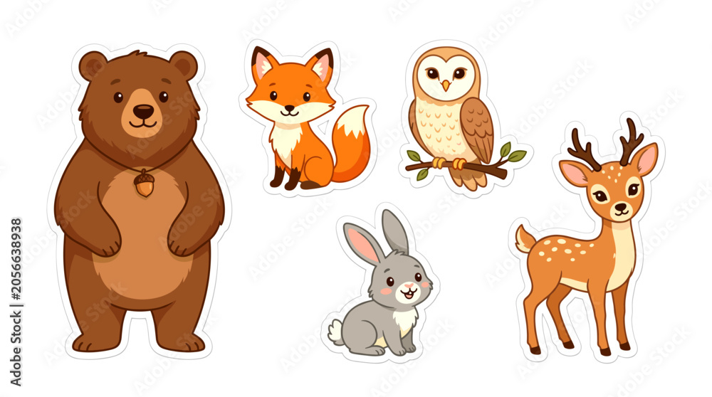 Naklejka premium Cute Woodland Animal Sticker Set Featuring A Friendly Bear Fox Owl Rabbit And Deer Character Illustrations