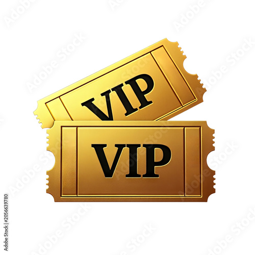 Two golden VIP tickets for exclusive access and premium events isolated transparent background