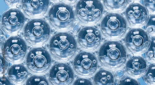 Macro Abstract Background of Blue Water Bubbles in a Hexagonal Honeyco