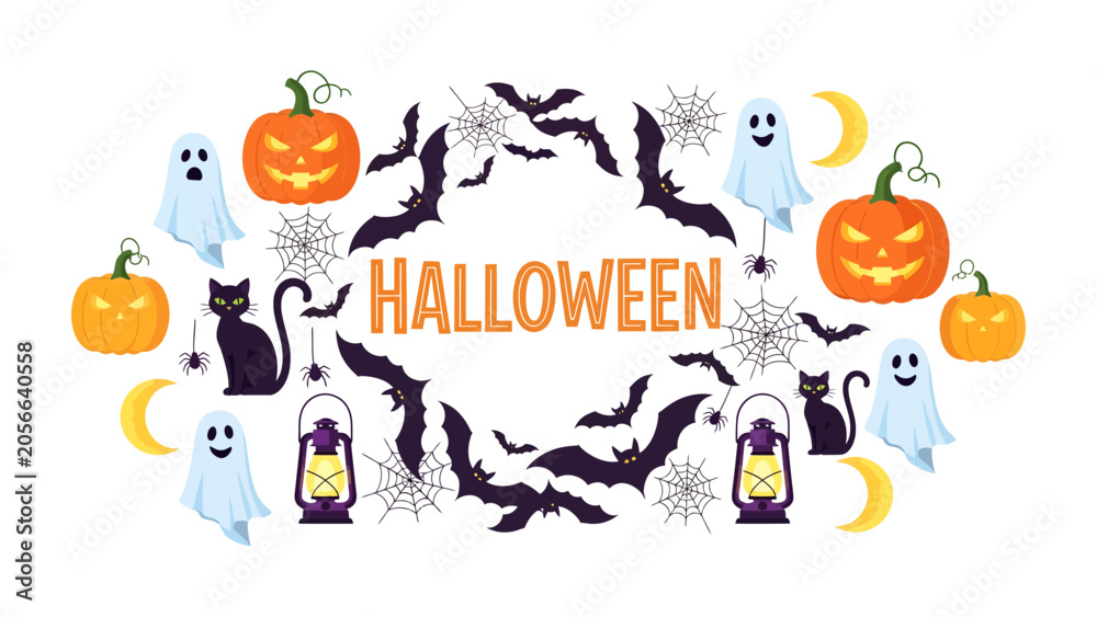 Fototapeta premium Halloween Celebration Border: A whimsical arrangement of classic Halloween icons, including carved pumpkins, playful ghosts, spooky bats, black cats, crescent moons, cobwebs, and vintage lanterns.