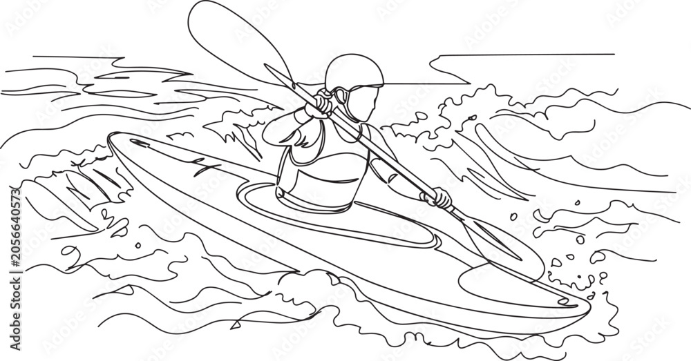 Obraz premium Kayaker paddling through rough water, focused on the sport and the challenge ahead, enjoying the outdoor activity.
