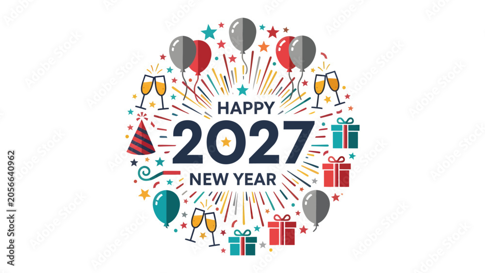 Obraz premium Happy New Year 2027 Celebration: Festive graphic design for the New Year 2027, featuring balloons, confetti, champagne glasses, gifts, and party hats.