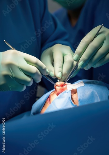 Professional Surgeons Performing Rhinoplasty Plastic Surgery in Sterile Hospital Operating Room Close-up