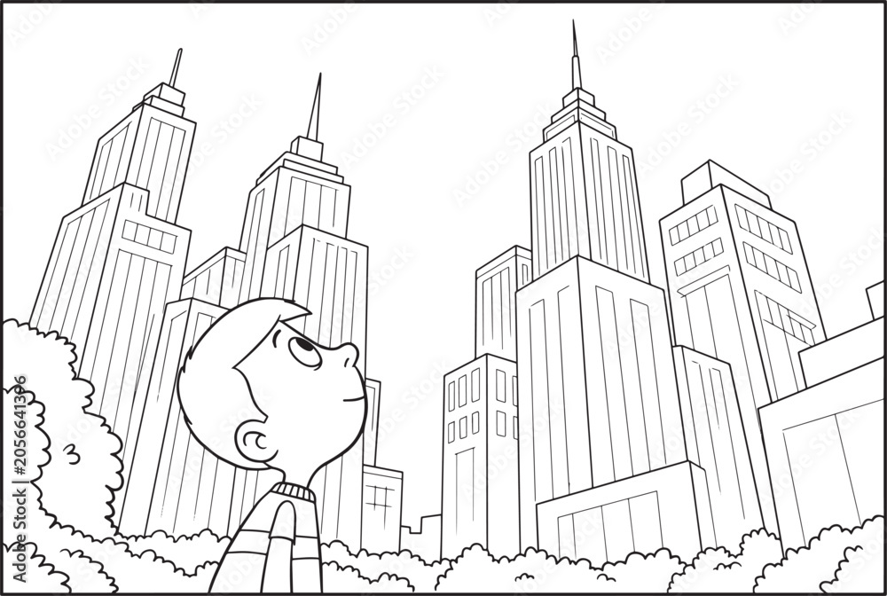 Naklejka premium Young boy gazing up at towering skyscrapers in a city environment.