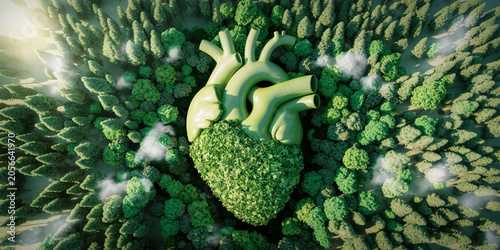 Aerial top down view of a lush green forest with a green human heart, representing nature conservation and environmental sustainability