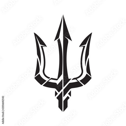 Foto Stylized black trident spear vector icon with sharp prongs for nautical branding