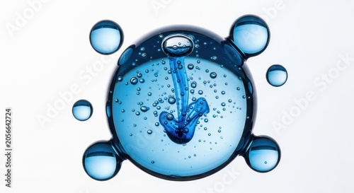 Abstract Blue Liquid Molecule Sphere with Bubbles on White Background