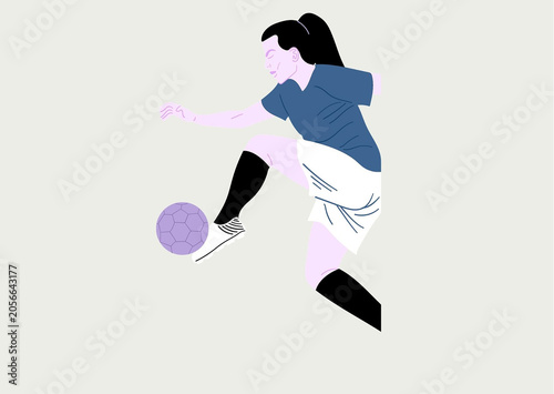Fotografie A dynamic illustration of a female soccer player in mid-action, captured from a side profile as she kicks a purple soccer ball
