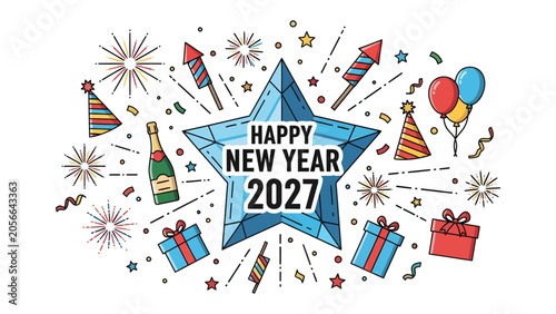 Schilderij op canvas Happy New Year 2027 Celebration: A vibrant and festive illustration depicts the joyous celebration of New Year 2027, featuring a sparkling star, fireworks, gifts, balloons, and champagne