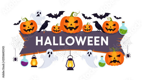 Fotografie Halloween Celebration Banner: A festive banner filled with carved pumpkins, spooky ghosts, flying bats, and lanterns announces Halloween, setting a fun and eerie mood