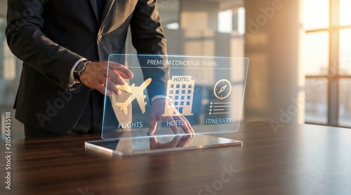 Premium AI Concierge Travel Service Concept with Glowing Holographic Booking Interface, Flight Reservations, Luxury Hotel Planning and Personalized Itinerary Management, Business Travel Technology Inn