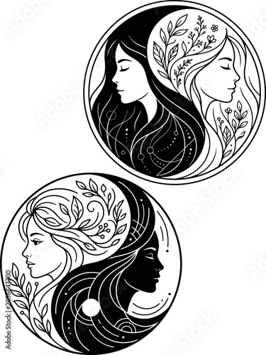 Slika na platnu Celestial yin yang woman vector, mystical female faces in circular balance, flor