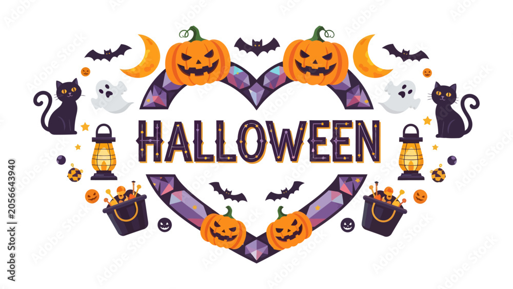 Fototapeta premium Festive Halloween Symbols: A vibrant illustration features classic Halloween icons like carved pumpkins, mischievous black cats, playful ghosts, and crescent moons arranged within a sparkling heart.