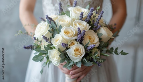 There is a woman holding a bouquet of white roses and lavenders