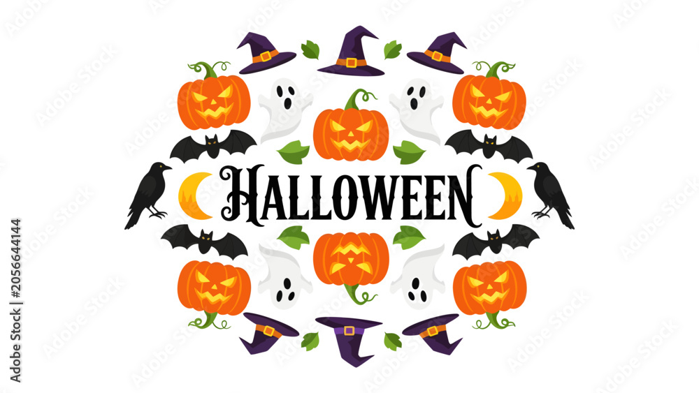 Obraz premium Spooky Halloween Celebration: A festive arrangement of classic Halloween symbols including jack-o'-lanterns, ghosts, bats, crows.