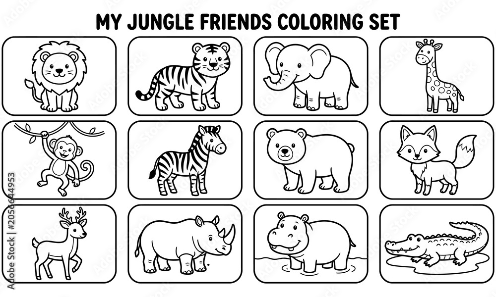 Obraz premium Jungle animal coloring book for kids vector set