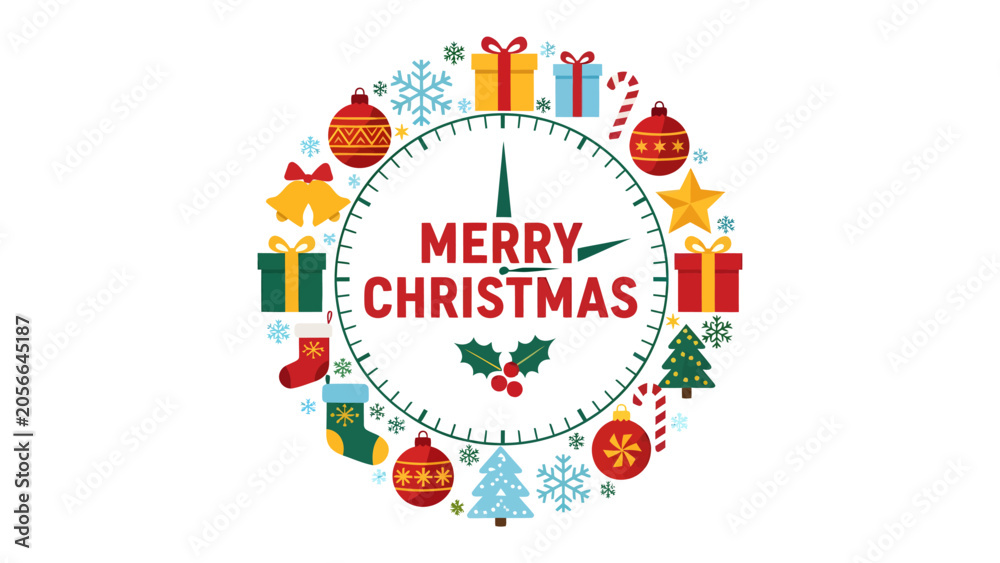 Naklejka premium Christmas Clock Decoration: A festive round graphic design featuring Christmas icons like gifts, ornaments, snowflakes, and trees arranged around a clock face displaying Merry Christmas.