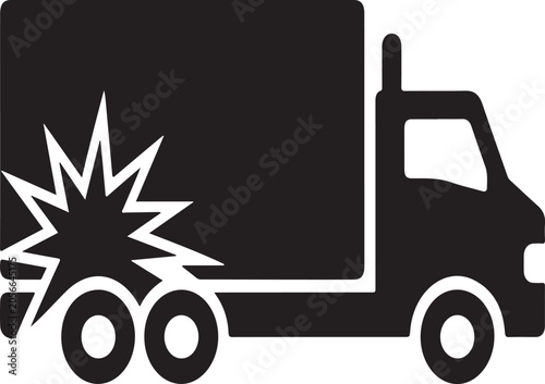 Truck Collision Accident Icon with Impact Explosion Symbol, Delivery Vehicle Crash Pictogram, Road Transport Incident Sign, Freight Damage Warning, Monochrome Vector Illustration