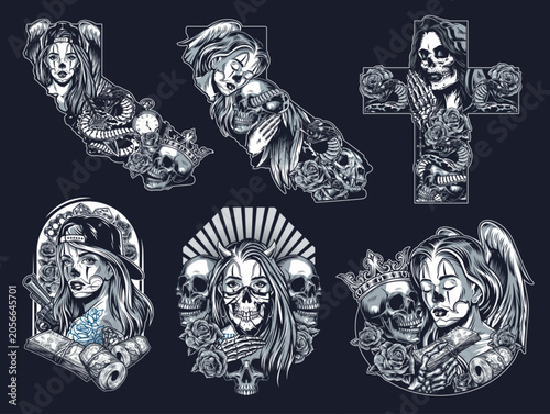 Obraz na plátně Art showing skulls and women