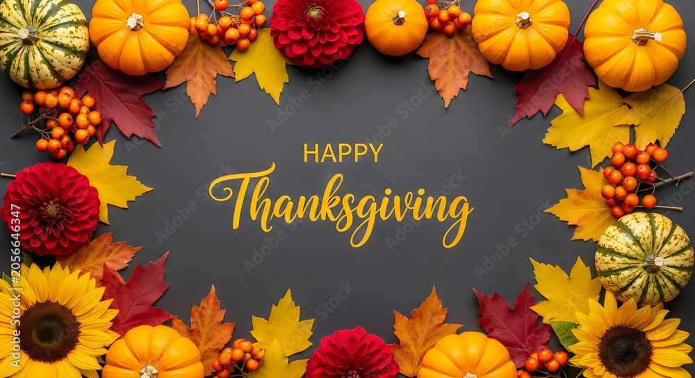 Fototapeta premium Autumnal thanksgiving arrangement with pumpkins flowers and fall foliage