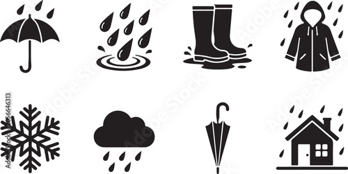 Rain and Winter Weather Icon Set with Boots and Umbrella