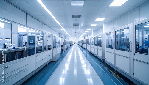 Modern Laboratory Corridor with Equipment and Glass Windows.