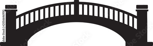 A black and white of a classic arched bridge with a decorative railing and two solid stone pillars on a white background, also transparent background