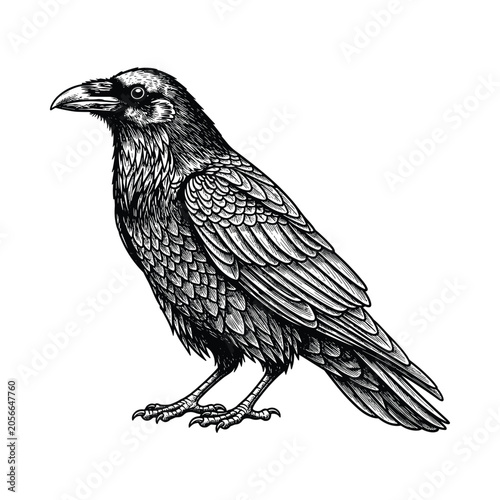 Detailed Raven Bird Engraving Vector Illustration