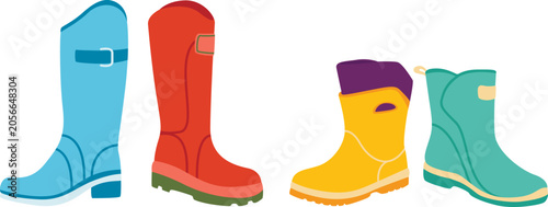 Bild auf Leinwand Autumn rubber boots for rainy weather, autumn rubber footwear with different designs, waterproof boots vector illustration
