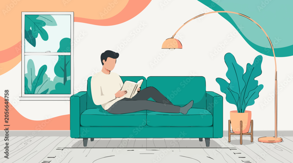 Obraz premium Man Reading Book on Sofa in Cozy Living Room with Plants, Illustration