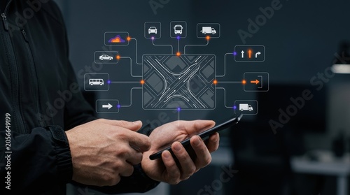 Billede på lærred Businessman using smartphone to manage smart city logistics through a digital ma