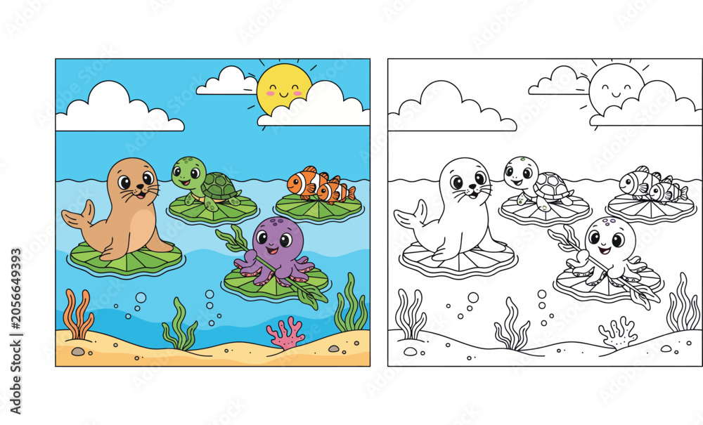 Fototapeta premium Cute Cartoon Sea Animals Floating on Lily Pads - Whimsical Ocean Scene with Seal, Turtle, Octopus, and Clownfish