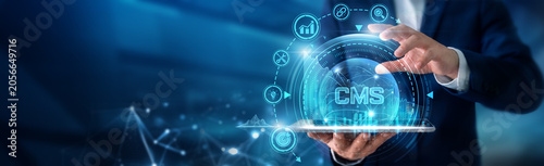 Bild auf Leinwand Web administrator using tab analysing CMS and content management systems, website performance optimization, digital publishing and user experience