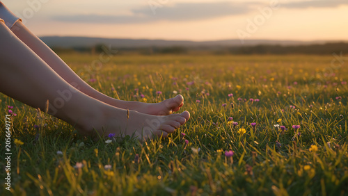 Relaxed person's bare feet resting peacefully in a lush green meadow filled with wildflowers during a golden hour sunset, conveying tranquility, freedom, and connection with nature in spring.