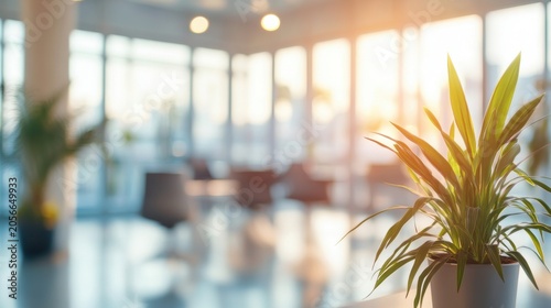 Green plant in a pot in a bright, blurred office interior with sun glare