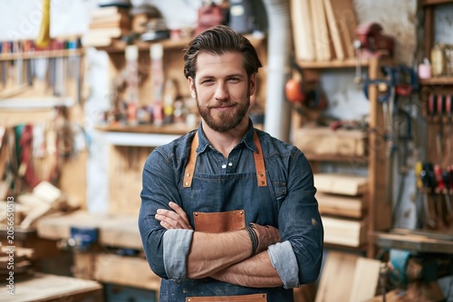 Skilled carpenter with beard and mustache poses confidently in his workshop