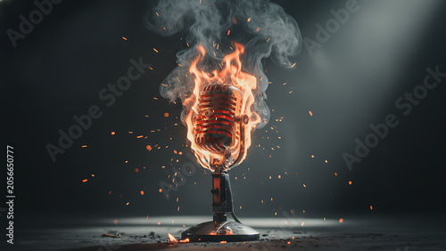 Intense burning vintage vocal microphone engulfed in hot orange flames with thick black smoke and flying golden sparks isolated on dark background representing loud music energy or vocal power.