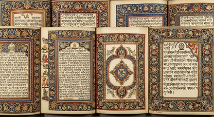 Close up view of ancient illuminated manuscripts with ornate borders and calligraphic text.