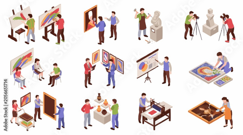 Collection of isometric illustrations depicting various art activities, including painting, sculpting, and gallery visits.