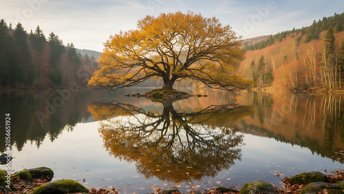 Solitary deciduous tree showcasing vibrant golden autumn foliage positioned within a tranquil mirror-like lake surface providing a symmetrical reflection of the serene wilderness environment.